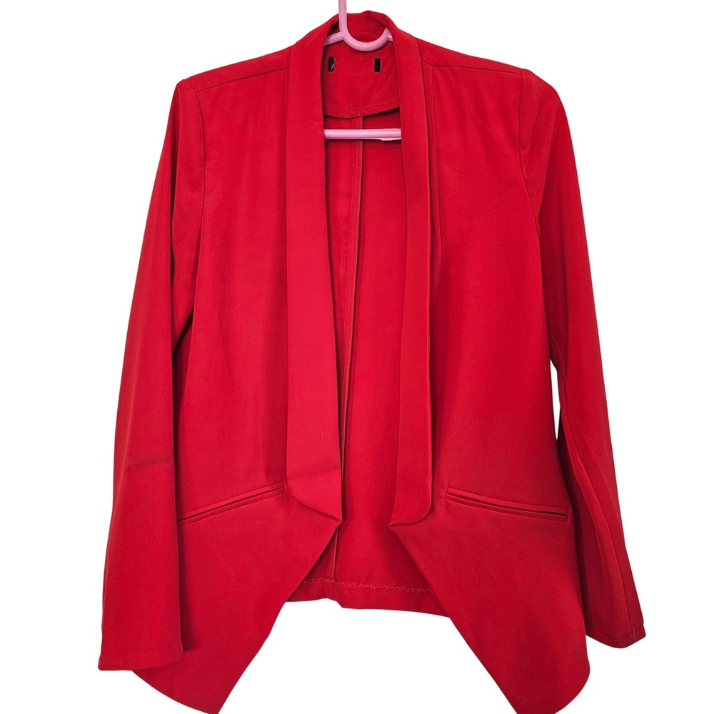 Lulu's Open Front Shawl Collar Blazer Jacket Red Asymmetrical Hem Long Sleeve